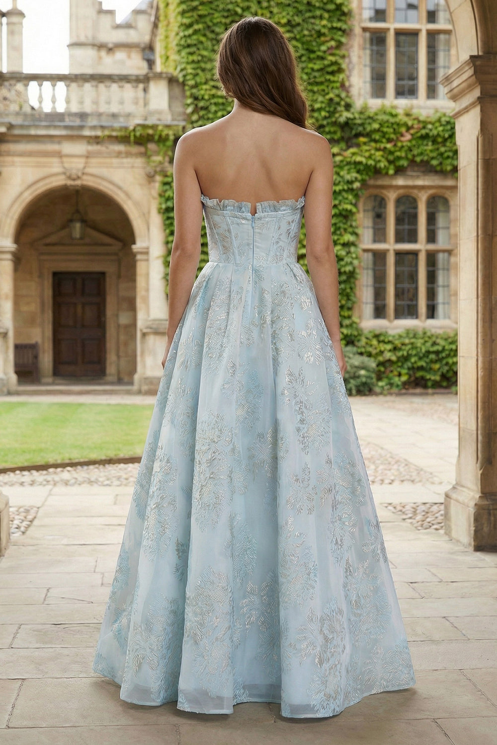 Floral Light Blue Sweetheart A Line Long Corset Prom Dress