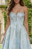 Floral Light Blue Sweetheart A Line Long Corset Prom Dress