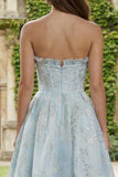 Floral Light Blue Sweetheart A Line Long Corset Prom Dress