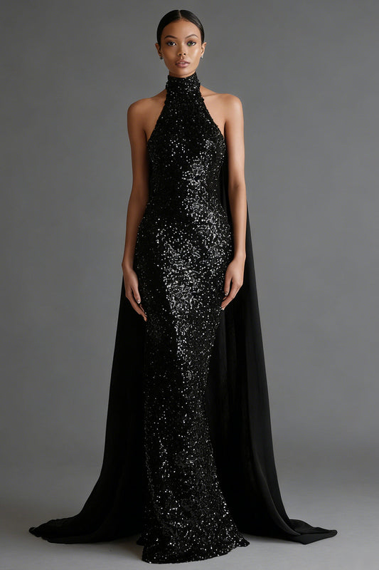 Sparkly Black High Neck Mermaid Sequin Long Prom Dress with Cape