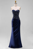 Sparkly Navy Mermaid Beaded Sweetheart Long Prom Dress