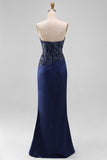 Sparkly Navy Mermaid Beaded Sweetheart Long Prom Dress