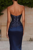 Sparkly Navy Mermaid Beaded Sweetheart Long Prom Dress