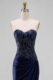Sparkly Navy Mermaid Beaded Sweetheart Long Prom Dress
