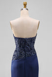 Sparkly Navy Mermaid Beaded Sweetheart Long Prom Dress
