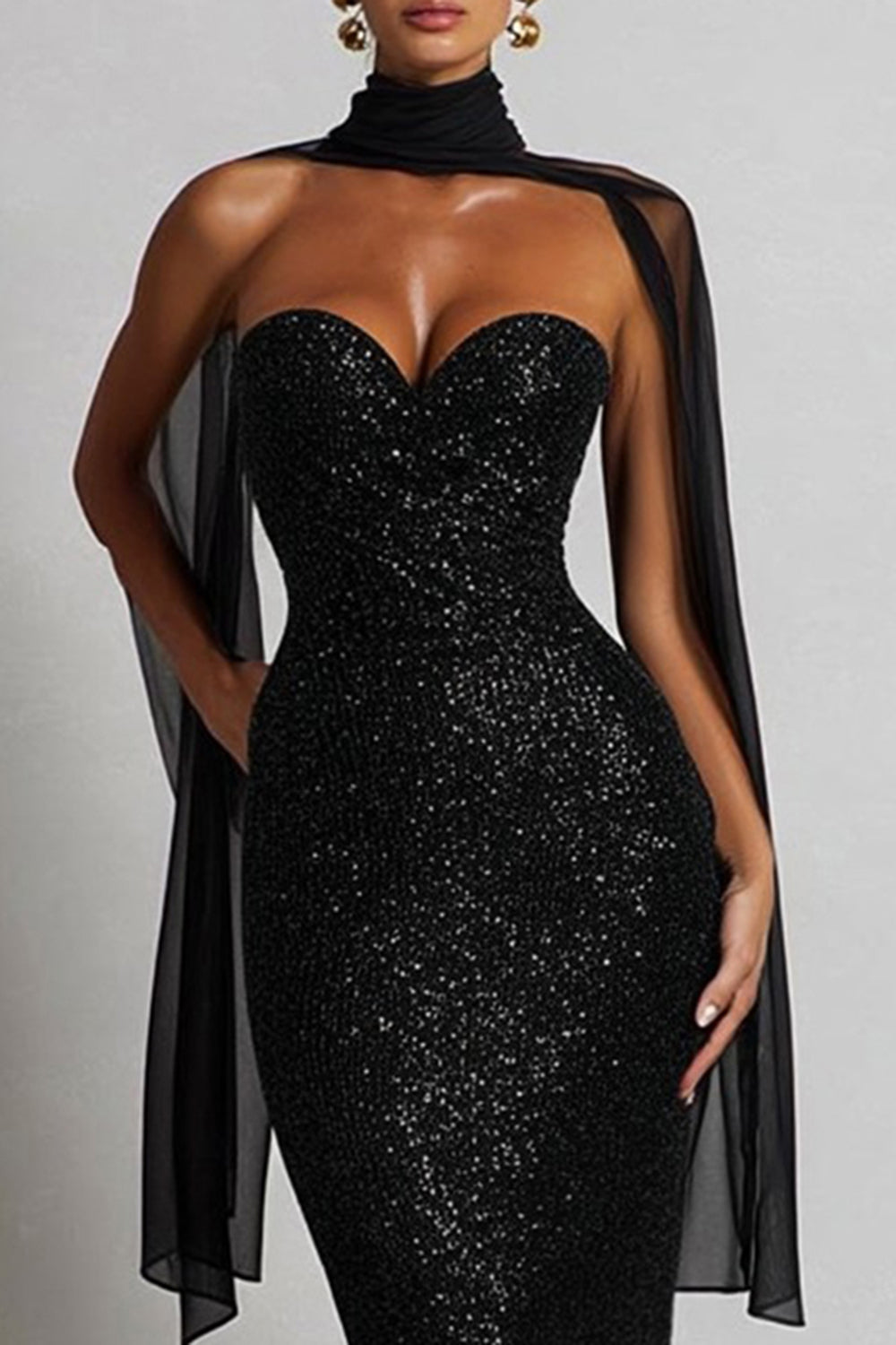 Sparkly Black Mermaid Sweetheart Neck Scarf Sequin Long Prom Dress