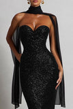 Sparkly Black Mermaid Sweetheart Neck Scarf Sequin Long Prom Dress