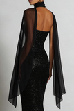 Sparkly Black Mermaid Sweetheart Neck Scarf Sequin Long Prom Dress
