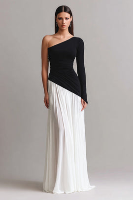 Black and White Sheath One Shoulder Long Prom Dress with Sleeves