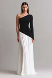 Black and White Sheath One Shoulder Long Prom Dress with Sleeves