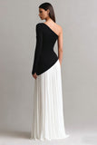 Black and White Sheath One Shoulder Long Prom Dress with Sleeves