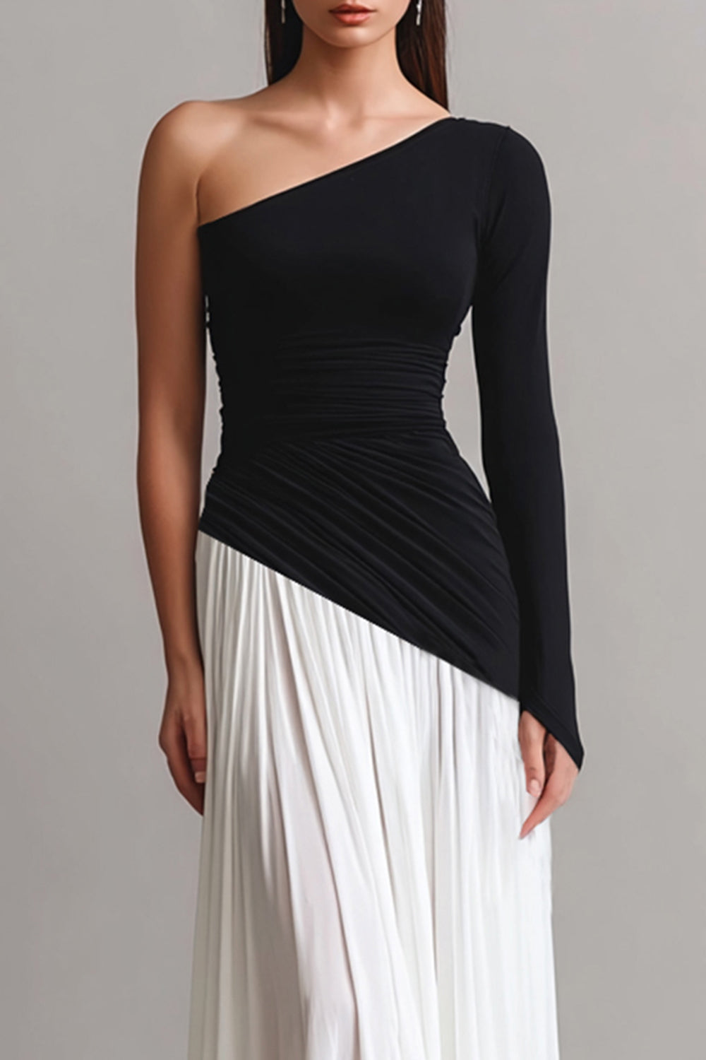 Black and White Sheath One Shoulder Long Prom Dress with Sleeves