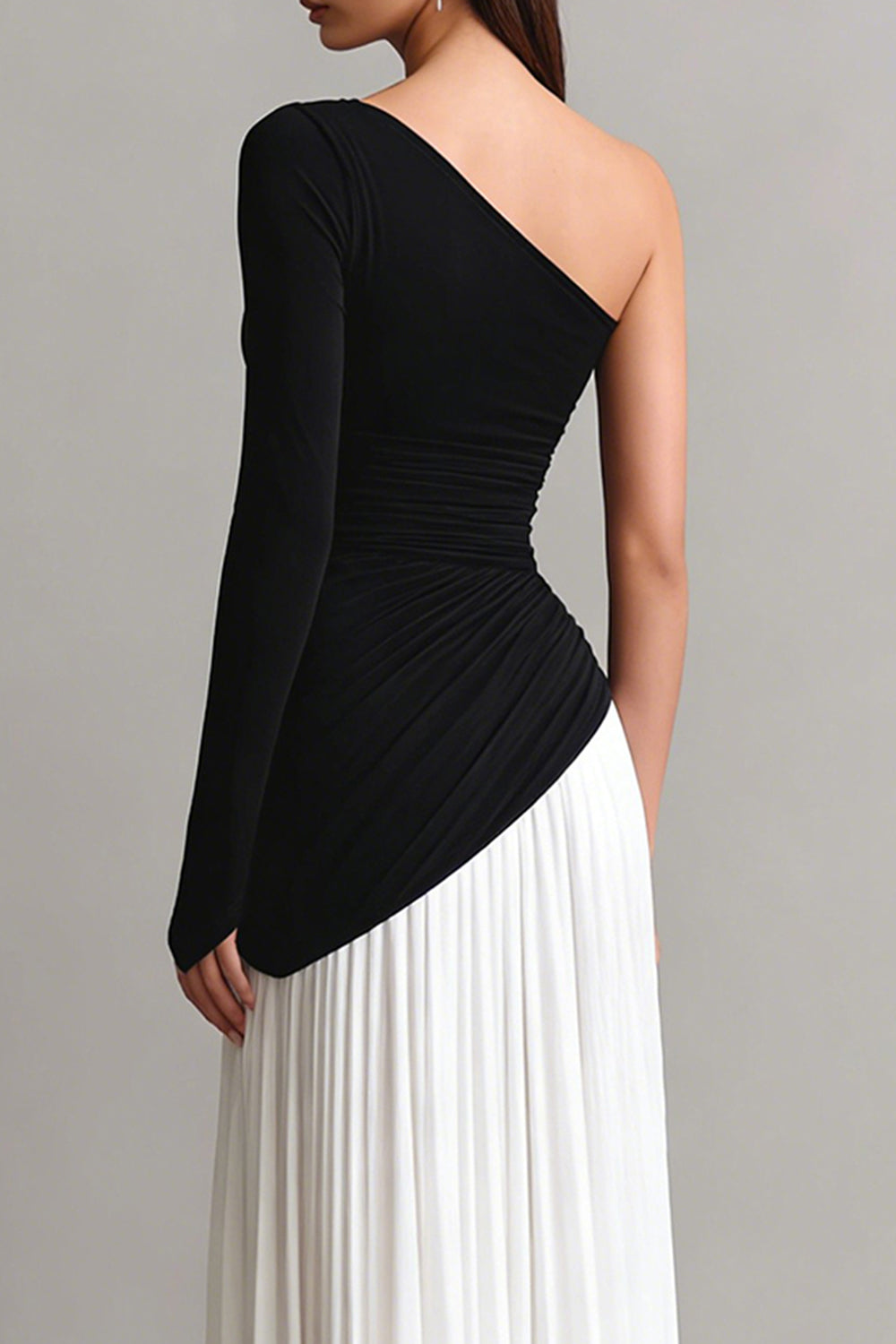 Black and White Sheath One Shoulder Long Prom Dress with Sleeves