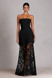 Black Lace Sheath Strapless Long Prom Dress