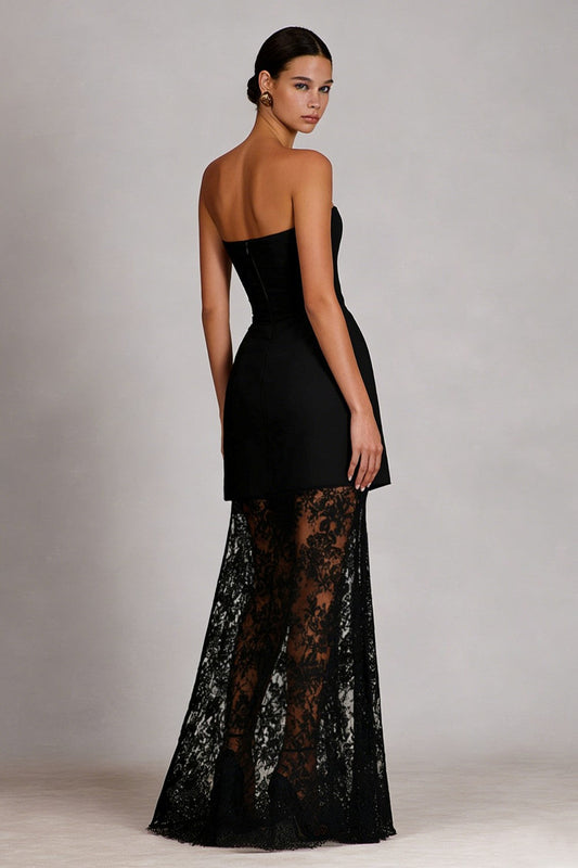 Black Lace Sheath Strapless Long Prom Dress