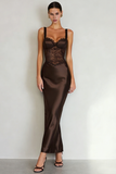Coffee Satin Mermaid Thick Straps Long Prom Dress with Lace