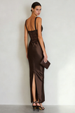 Coffee Satin Mermaid Thick Straps Long Prom Dress with Lace