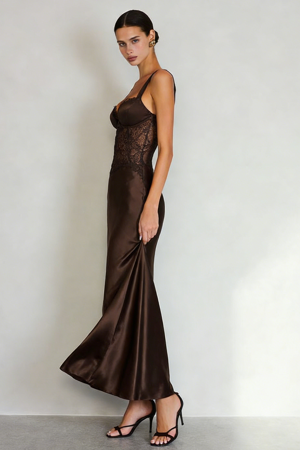 Coffee Satin Mermaid Thick Straps Long Prom Dress with Lace