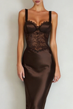 Coffee Satin Mermaid Thick Straps Long Prom Dress with Lace