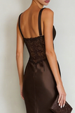 Coffee Satin Mermaid Thick Straps Long Prom Dress with Lace
