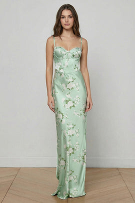 Floral Sage Green Mermaid Satin Spaghetti Straps Long Corset Prom Dress