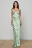 Floral Sage Green Mermaid Satin Spaghetti Straps Long Corset Prom Dress