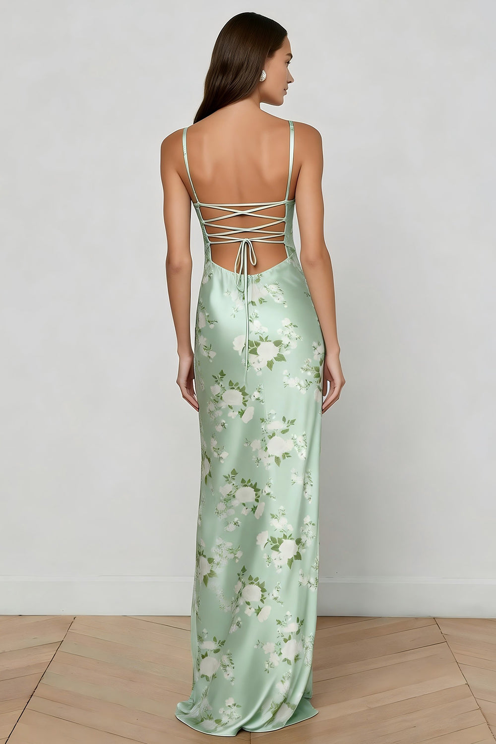 Floral Sage Green Mermaid Satin Spaghetti Straps Long Corset Prom Dress