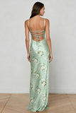 Floral Sage Green Mermaid Satin Spaghetti Straps Long Corset Prom Dress