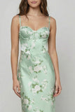 Floral Sage Green Mermaid Satin Spaghetti Straps Long Corset Prom Dress