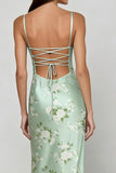 Floral Sage Green Mermaid Satin Spaghetti Straps Long Corset Prom Dress
