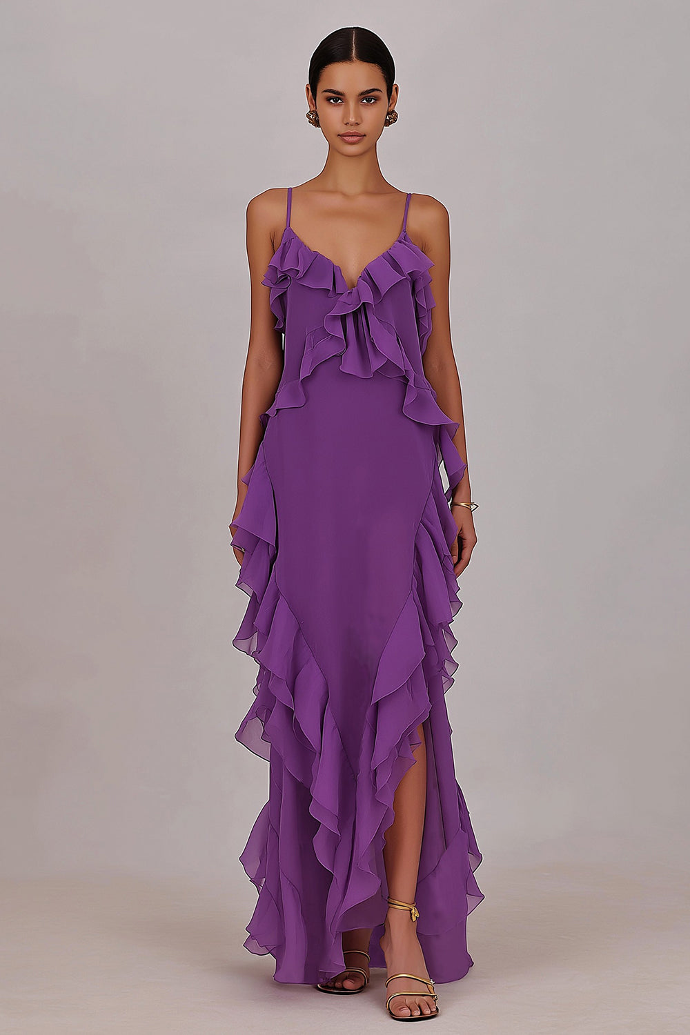 Plum Chiffon Ruffled Spaghetti Straps Sheath Long Prom Dress with Slit