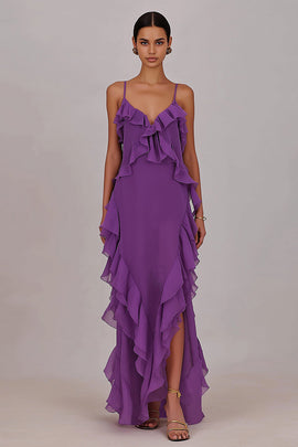 Plum Chiffon Ruffled Spaghetti Straps Sheath Long Prom Dress with Slit