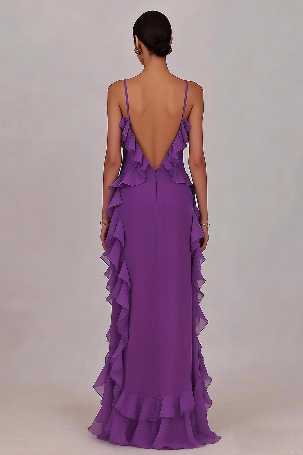 Plum Chiffon Ruffled Spaghetti Straps Sheath Long Prom Dress with Slit