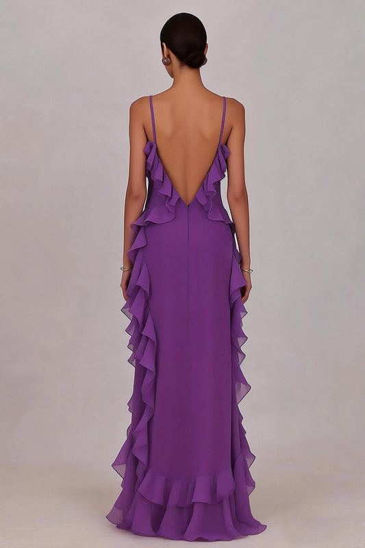Plum Chiffon Ruffled Spaghetti Straps Sheath Long Prom Dress with Slit