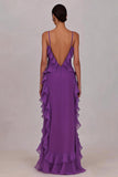 Plum Chiffon Ruffled Spaghetti Straps Sheath Long Prom Dress with Slit