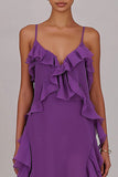 Plum Chiffon Ruffled Spaghetti Straps Sheath Long Prom Dress with Slit