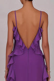 Plum Chiffon Ruffled Spaghetti Straps Sheath Long Prom Dress with Slit