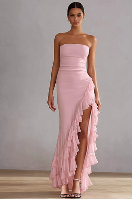 Pink Mermaid Strapless Ruffled Long Prom Dress with Slit