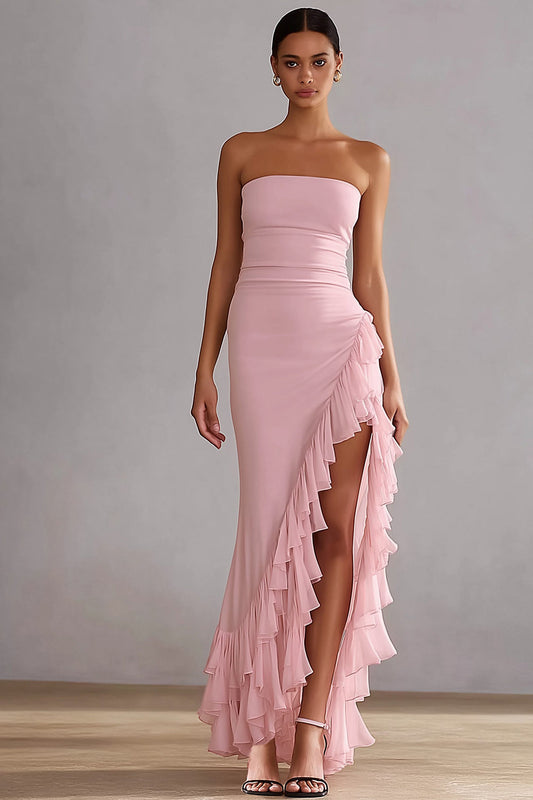Pink Mermaid Strapless Ruffled Long Prom Dress with Slit