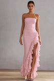 Pink Mermaid Strapless Ruffled Long Prom Dress with Slit