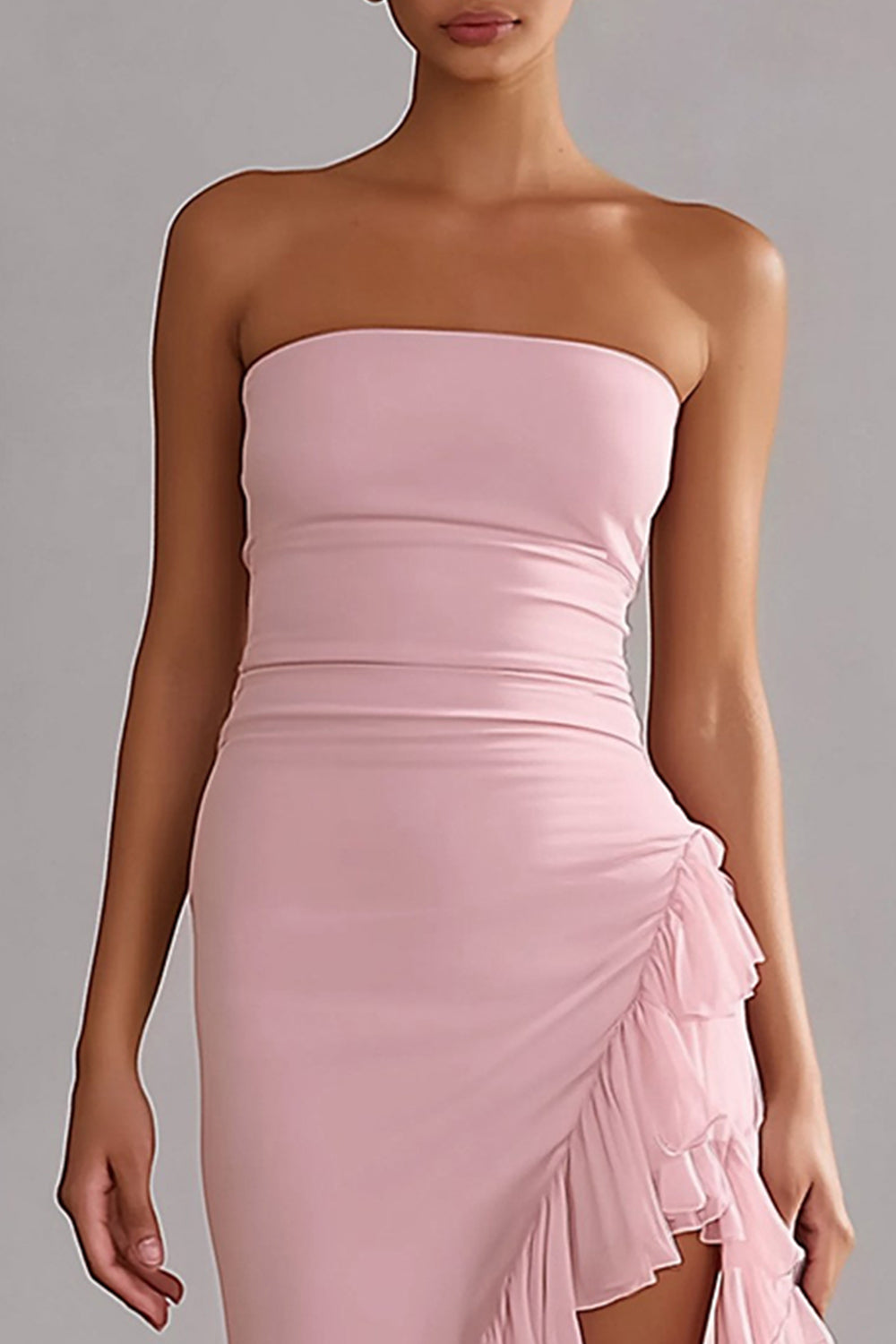 Pink Mermaid Strapless Ruffled Long Prom Dress with Slit