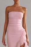 Pink Mermaid Strapless Ruffled Long Prom Dress with Slit