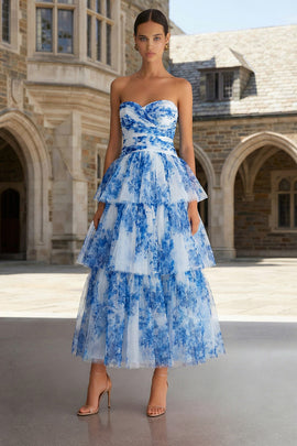 Floral Blue and White A Line Tiered Sweetheart Long Prom Dress