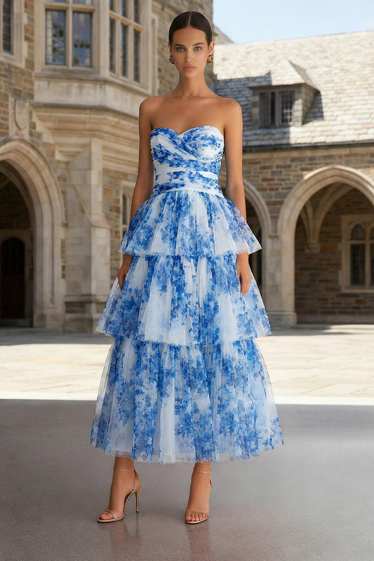 Floral Blue and White A Line Tiered Sweetheart Long Prom Dress