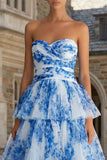 Floral Blue and White A Line Tiered Sweetheart Long Prom Dress