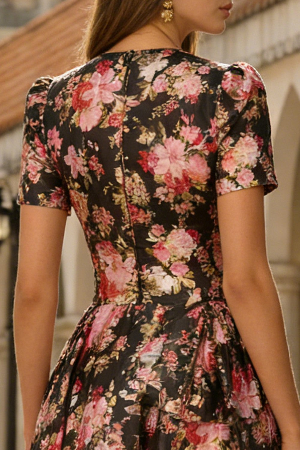 Floral Black and Pink A Line Round Neck Long Prom Dress with Sleeves