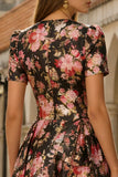 Floral Black and Pink A Line Round Neck Long Prom Dress with Sleeves