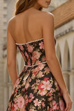 Floral Black and Pink A Line Sweetheart Long Prom Dress with Pearls