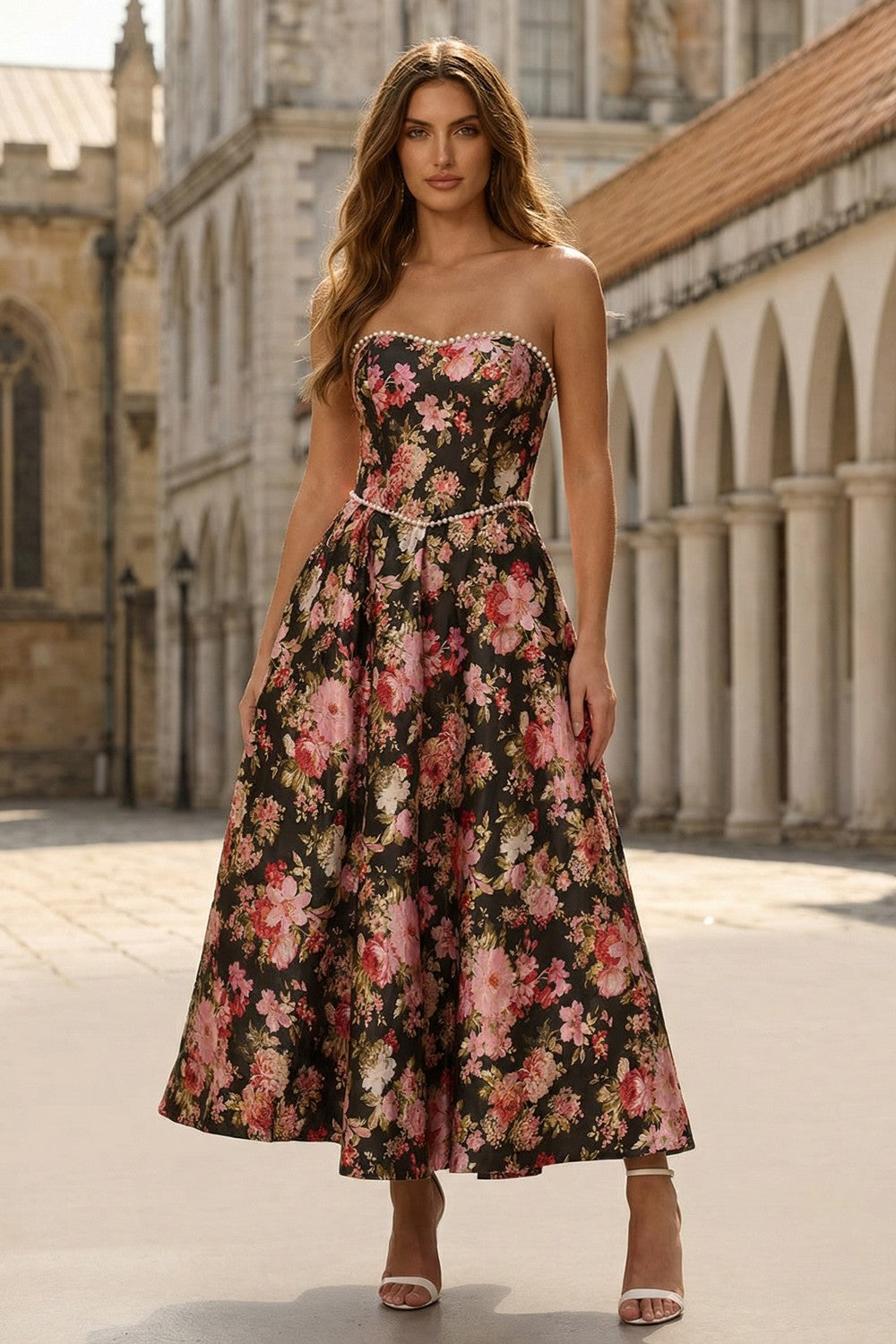 Floral Black and Pink A Line Sweetheart Long Prom Dress with Pearls