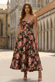 Floral Black and Pink A Line Sweetheart Long Prom Dress with Pearls